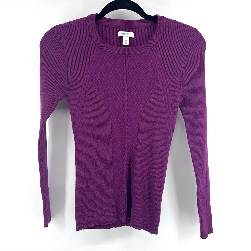 Nine West Womens Size Medium Sweater Purple Crew Neck Ribbed Metallic Fits Small